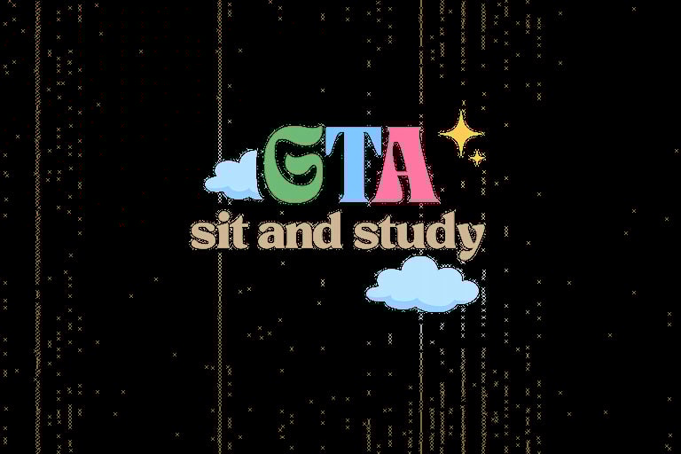 Retro pixel art logo for GTA sit and study with colorful text, clouds, and stars on black background